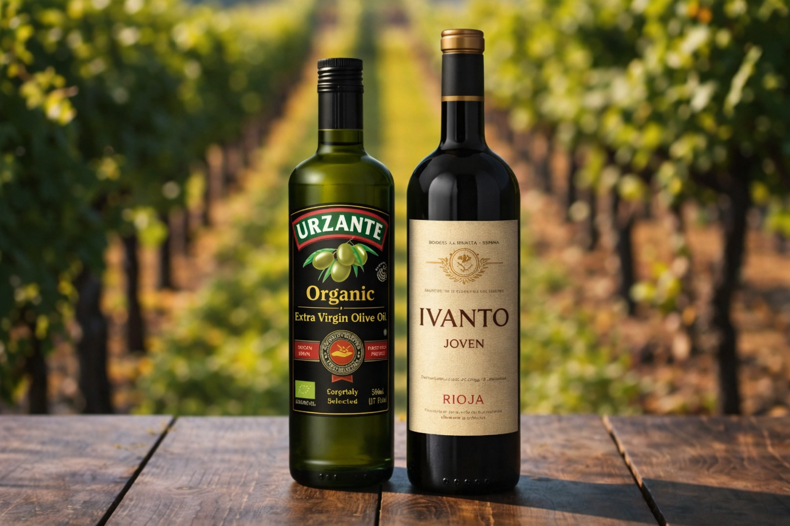 Selección de vino y aceite de oliva premium presentada en viñedo para distribución internacional