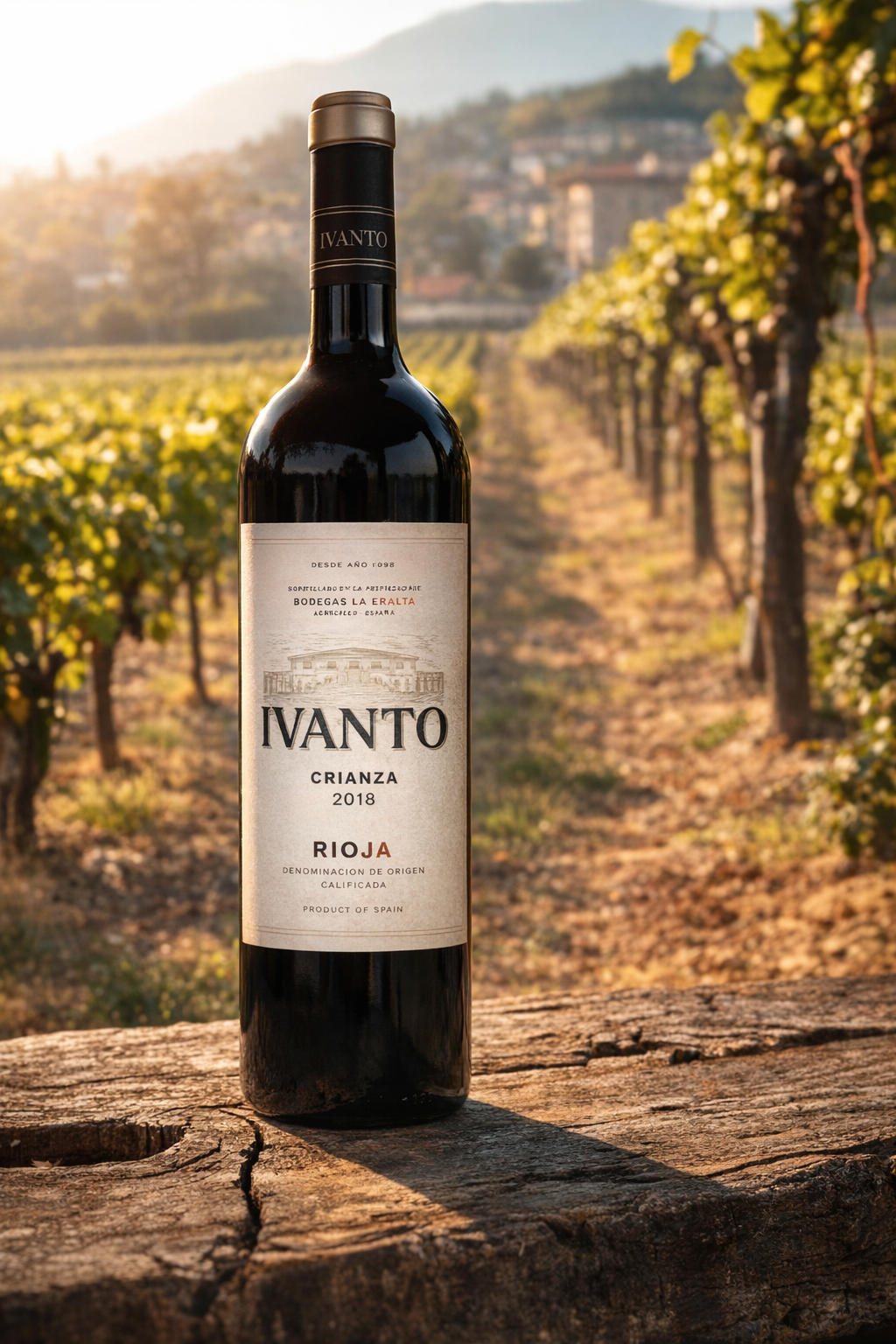 Botella de vino tinto IVANTO CRIANZA presentada en viñedo, distribuida por Last Mile Distribution Paraguay