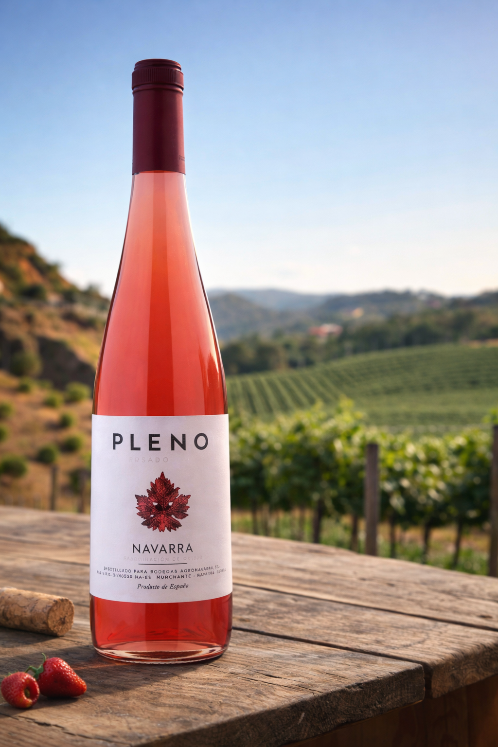 Botella de vino rosado PLENO presentada en viñedo, distribuida por Last Mile Distribution
