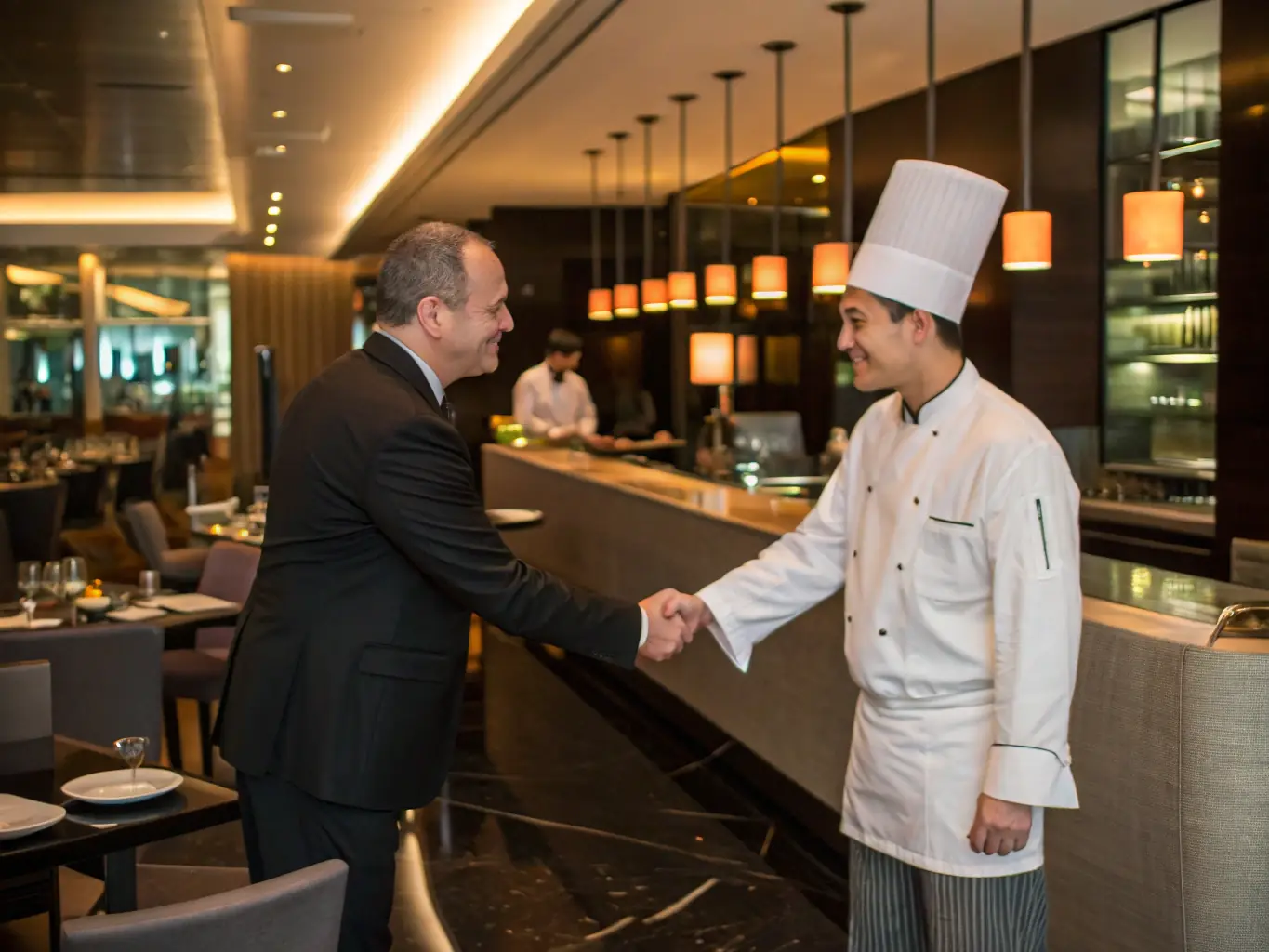 A photograph depicting a friendly Last Mile Distribution representative shaking hands with a restaurant owner in a modern dining setting, symbolizing the personalized service and strong business relationships the company fosters with its partners.